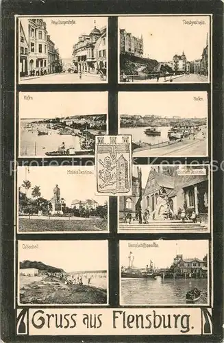 AK / Ansichtskarte Flensburg Angelburgerstrasse Toosbyestrasse Hafen Moltke Denkmal Bismarck Denkmal Ostseebad Dampfschiffpavillon Flensburg