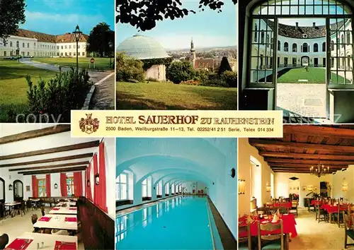 AK / Ansichtskarte Baden_Wien Hotel Sauerhof zu Rauhenstein Restaurant Hallenbad Park Baden_Wien