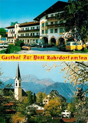 AK / Ansichtskarte Rohrdorf_Inn Gasthof Pension Zur Post Ortsmotiv mit Kirche Alpenblick Rohrdorf Inn