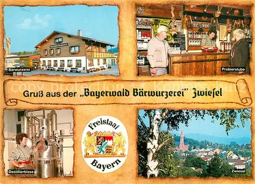 AK / Ansichtskarte Zwiesel_Niederbayern Bayerwald Baerwurzerei Stadtpanorama Wappen Zwiesel Niederbayern