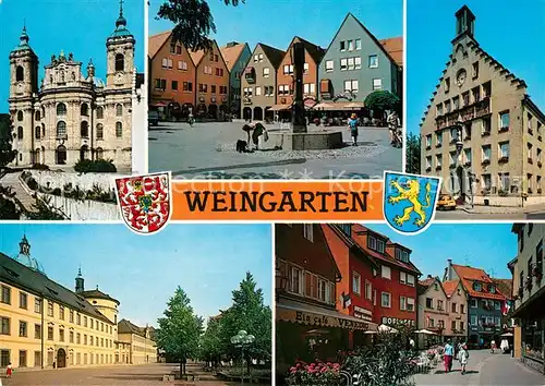 AK / Ansichtskarte Weingarten_Wuerttemberg Abteikirche Marktplatz Brunnen Amtshaus Schloss Fussgaengerzone Wappen Weingarten Wuerttemberg