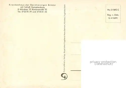 AK / Ansichtskarte Muenchen Krankenhaus der Barmherzigen Brueder Schloss Nymphenburg Fliegeraufnahme Muenchen