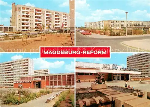 AK / Ansichtskarte Reform_Magdeburg Wohnsiedlung Plattenbauten Spielplatz Goergi Dobrowolski Strasse Otto Grotewohl Strasse HO Gaststaette Kosmos HO Kaufhalle Reform Magdeburg