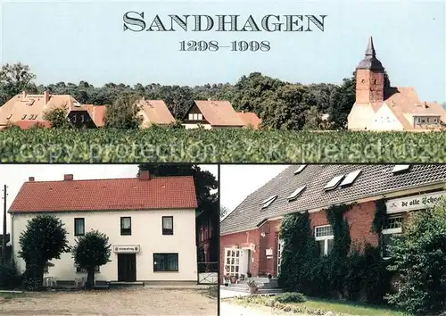 AK / Ansichtskarte Sandhagen_Biendorf Ortsmotiv mit Kirche Gaststaette 700 Jahre Stadtjubilaeum Sandhagen Biendorf