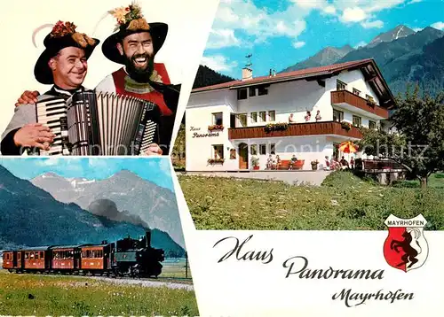 AK / Ansichtskarte Mayrhofen_Zillertal Pension Panorama Eisenbahn Dampflokomotive Musikanten Ziehharmonika Mayrhofen_Zillertal