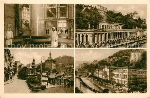 AK / Ansichtskarte Karlsbad_Eger Sprudel Marktbrunn Stadtturm Muehlbrunnkolonnade Kurhaus Karlsbad_Eger