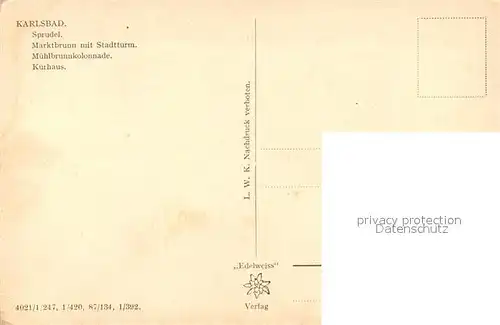 AK / Ansichtskarte Karlsbad_Eger Sprudel Marktbrunn Stadtturm Muehlbrunnkolonnade Kurhaus Karlsbad_Eger