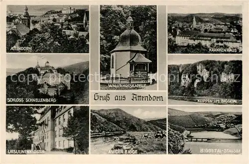 AK / Ansichtskarte Attendorn Schloss Schnellenberg Ursulinenkloster Wallfahrtskapelle An der Bigge Krankenhaus Klippen im Biggetal Stausee Attendorn