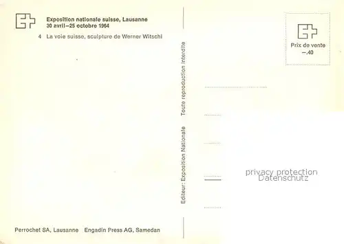 AK / Ansichtskarte Lausanne_VD Exposition nationale suisse La voie suisse sculpture de Werner Witschi Lausanne VD