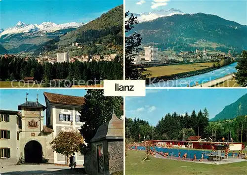 AK / Ansichtskarte Ilanz_GR Obertor Brigelserhoerner Piz Mundaun Schwimmbad Ilanz_GR