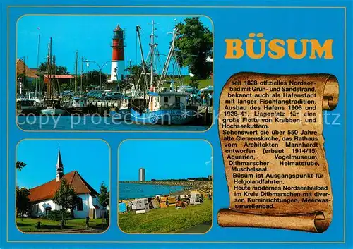 AK / Ansichtskarte Buesum_Nordseebad Leuchtturm Kirche Strand Buesum_Nordseebad