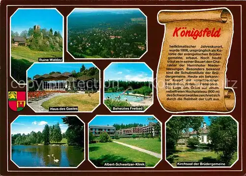 AK / Ansichtskarte Koenigsfeld_Schwarzwald Ruine Waldau Haus des Gastes Beheiztes Freibad Albert Schweitzer Klinik Kirchsaal der Bruedergemeine Koenigsfeld Schwarzwald