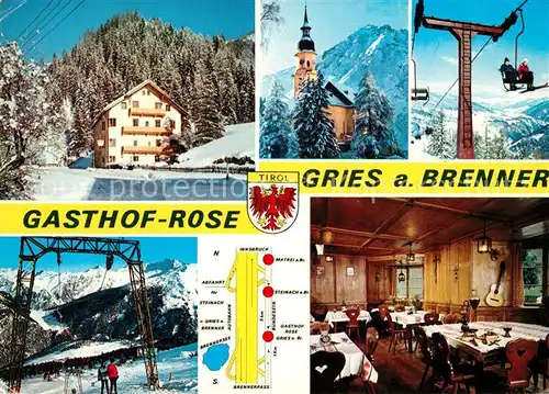 AK / Ansichtskarte Gries_Brenner Gasthof Rose Wintersportplatz Alpen Kirche Gries Brenner