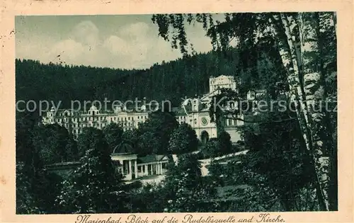 AK / Ansichtskarte Marienbad_Tschechien_Boehmen Rudolfsquelle und Kirche Marienbad_Tschechien