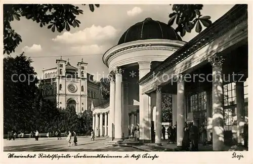 AK / Ansichtskarte Marienbad_Tschechien_Boehmen Rudolfsquelle Ferdinandsbrunnen und kath Kirche Marienbad_Tschechien