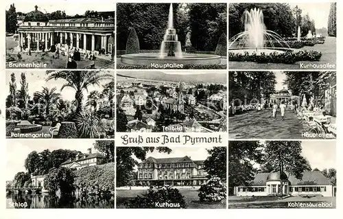 AK / Ansichtskarte Bad_Pyrmont Brunnenhalle Hauptallee Kurhausallee Palmengarten Teilansicht Schloss Kurhaus Kohlensaeurebad Bad_Pyrmont