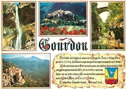 AK / Ansichtskarte Gourdon_Alpes Maritimes Wasserfall Burg Panoramen Chronik Gourdon Alpes Maritimes
