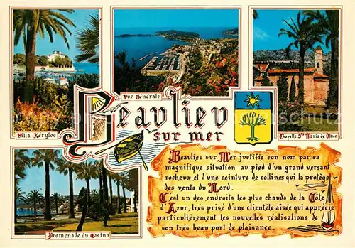 AK / Ansichtskarte Beaulieu sur Mer Villa Kerylos Promenade Casino Kapelle Panorama Chronik Beaulieu sur Mer