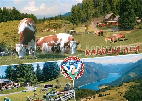 AK / Ansichtskarte Weissensee_Kaernten Naggler Alm Kuehe Pferde Kinderspielplatz Alpenpanorama Weissensee Kaernten