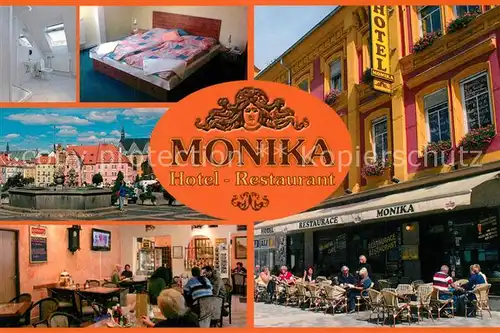 AK / Ansichtskarte Cheb_Eger Hotel Restaurant Monika Strassencafe Platz Brunnen 