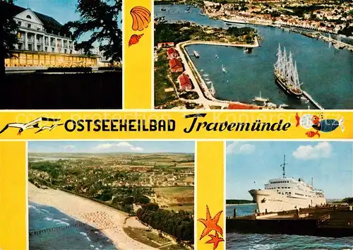 AK / Ansichtskarte Travemuende_Ostseebad Fliegeraufnahme Faehrschiff Strand  Kurhaus Travemuende_Ostseebad
