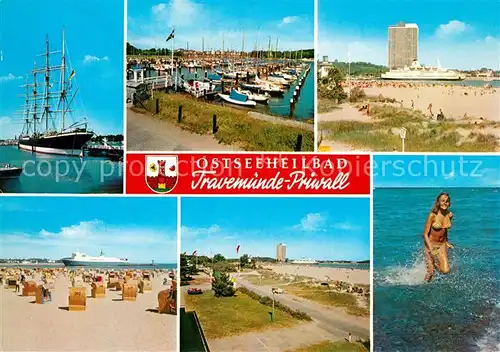 AK / Ansichtskarte Priwall_Travemuende Hafen Strand Promenade Hochhaus Segelschiff Priwall Travemuende