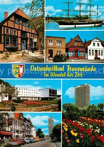 AK / Ansichtskarte Travemuende_Ostseebad Fachwerkhaeuser Segelschiff Hochhaus Travemuende_Ostseebad