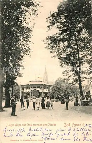 AK / Ansichtskarte Bad_Pyrmont Hauptallee mit Stahlbrunnen und Kirche Bad_Pyrmont