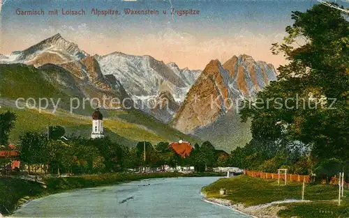 AK / Ansichtskarte Garmisch Partenkirchen mit Loisach Alpspitze Waxenstein und Zugspitze Garmisch Partenkirchen