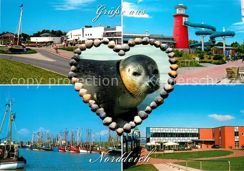 AK / Ansichtskarte Norddeich_Ostfriesland Hafen Leuchtturm Seeloewe Norddeich_Ostfriesland