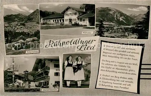 AK / Ansichtskarte Ruhpolding Gesamtansicht mit Alpenpanorama Kurhaus Dorfbrunnen Maibaum Trachten Saengerinnen Lied Ruhpolding