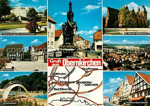 AK / Ansichtskarte Obernkirchen Kurgarten mit Sonnenhof Marktplatz Freibada Friedrich Ebert Strasse Obernkirchen