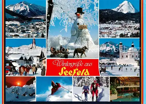 AK / Ansichtskarte Seefeld_Tirol Teilansichten Wintersportplatz Alpen Schneemann Pferdeschlitten Tiefschneefahren Skilanglauf Seefeld Tirol