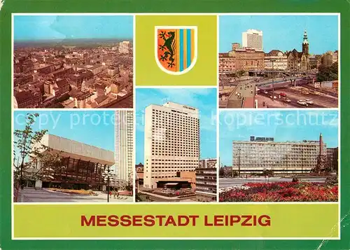AK / Ansichtskarte Leipzig uebersicht Messestadt Friedrich Engels Platz Gewandhaus Hotel Merkur Interhotel Am Ring Wappen Leipzig