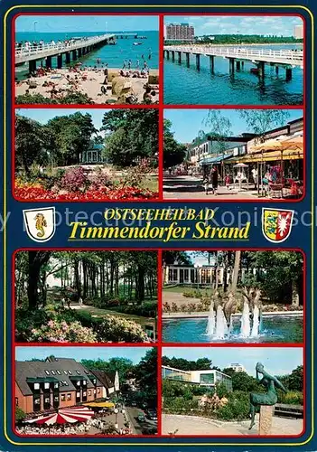 AK / Ansichtskarte Timmendorfer_Strand Ostseeheilbad Seebruecke Souvenirlaeden Promenade Park Skulptur Timmendorfer_Strand
