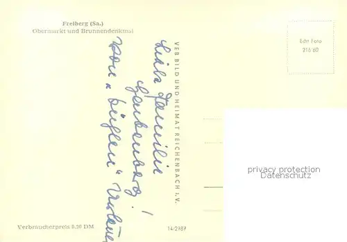 AK / Ansichtskarte Freiberg_Sachsen Obermarkt und Brunnendenkmal Freiberg Sachsen