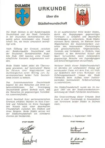 AK / Ansichtskarte Duelmen Urkunde der Staedtefreundschaft Dulmen mit Fehrbellin Duelmen
