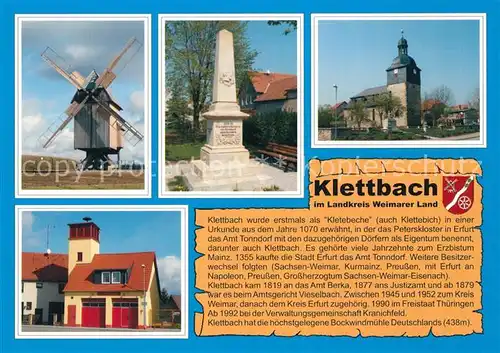 AK / Ansichtskarte Klettbach Bockwindmuehle Kriegerdenkmal Trinitatis Kirche Feuerwehr Klettbach