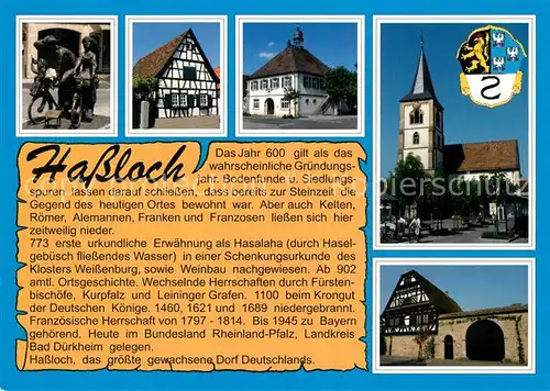 AK / Ansichtskarte Hassloch_Pfalz Radfahrerdenkmal Fachwerkhaus Altes Rathaus Christuskirche aeltestes Haus Hassloch Pfalz