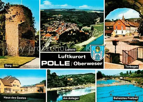 AK / Ansichtskarte Polle_Oberweser Burg Fliegeraufnahme Torbogen Anleger Freibad Polle_Oberweser