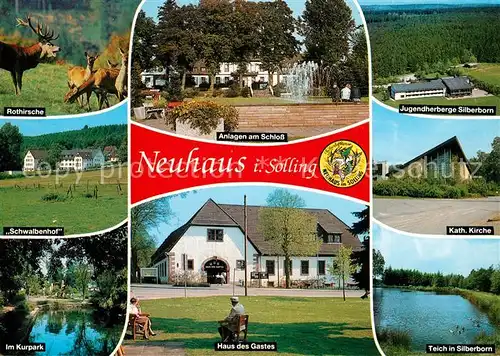 AK / Ansichtskarte Neuhaus_Solling Rothirsche Schlossanlagen Fliegeraufnahme Haus des Gastes Kurpark Jugendherberge Silberborn Neuhaus Solling