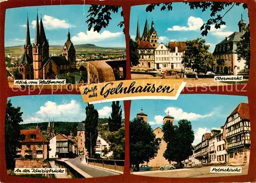 AK / Ansichtskarte Gelnhausen Blick vom Halbmond Obermarkt Peterskirche Kinzigbruecke Gelnhausen