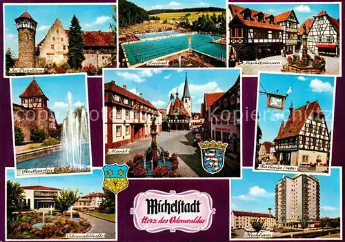 AK / Ansichtskarte Michelstadt Diebsturm Stadtgarten Fontaene Odenwaldhalle Freibad Markt Brunnen Rathaus Fachwerkhaus Hochhaus Michelstadt