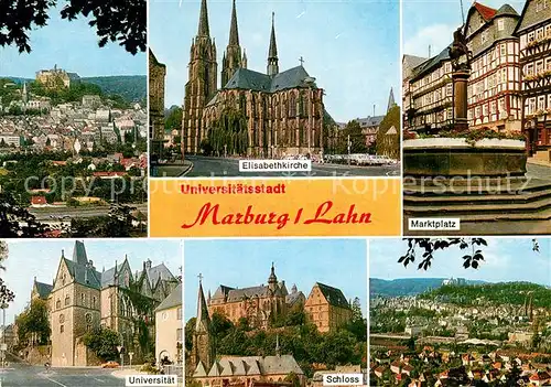 AK / Ansichtskarte Marburg_Lahn Stadtpanorama mit Schloss Universitaet Elisabethkirche Marktplatz Brunnen Marburg_Lahn