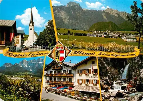 AK / Ansichtskarte Abtenau Luftkurort Sommerfrische Ortsmotiv mit Kirche Hotel Restaurant Wasserfall Tennengebirge Abtenau
