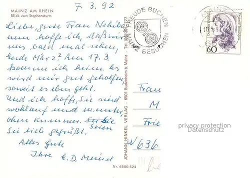 AK / Ansichtskarte Mainz_Rhein Stadtbild mit Dom Blick vom Stephansturm Mainz Rhein