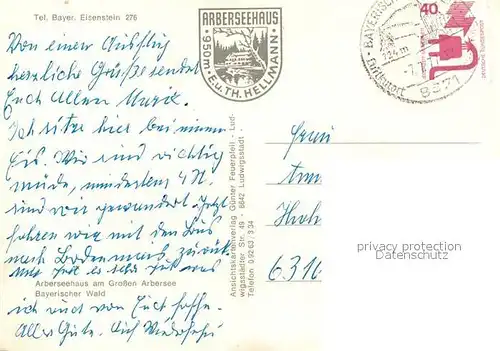 AK / Ansichtskarte Bayerisch_Eisenstein Arberseehaus Gaststaette am Arbersee Bootfahren Bayerisch_Eisenstein