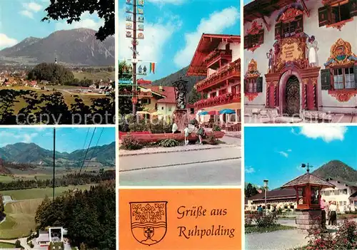 AK / Ansichtskarte Ruhpolding Ortsansicht Dorfbrunnen Maibaum Rathaus Rauschberghaus Bergbahn Kurhaus Ruhpolding