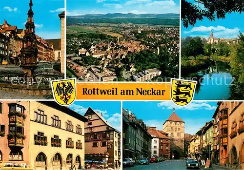 AK / Ansichtskarte Rottweil_Neckar Brunnen Innenstadt Altstadt Schwarzer Turm Partie am Fluss Fliegeraufnahme Rottweil Neckar