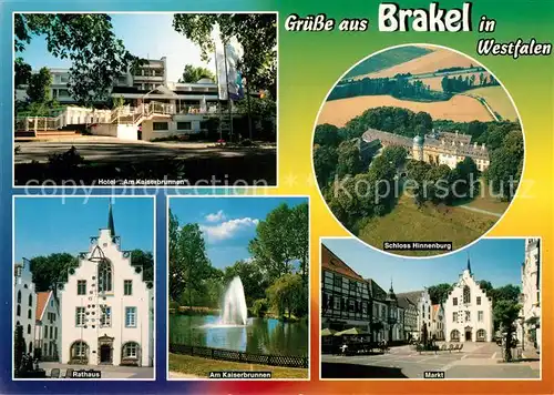 AK / Ansichtskarte Brakel_Westfalen Hotel Am Kaiserbrunnen Rathaus Fontaene Markt Schloss Hinnenburg Fliegeraufnahme Brakel_Westfalen